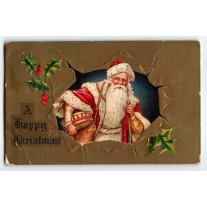 Christmas Postcard Santa Claus Old World Bursts Through Wall HSV Antique Emboss